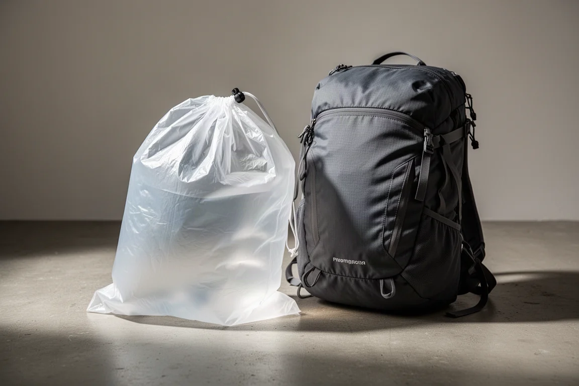 Translucent nylon pack liner beside a compact backpacking pack on a concrete surface