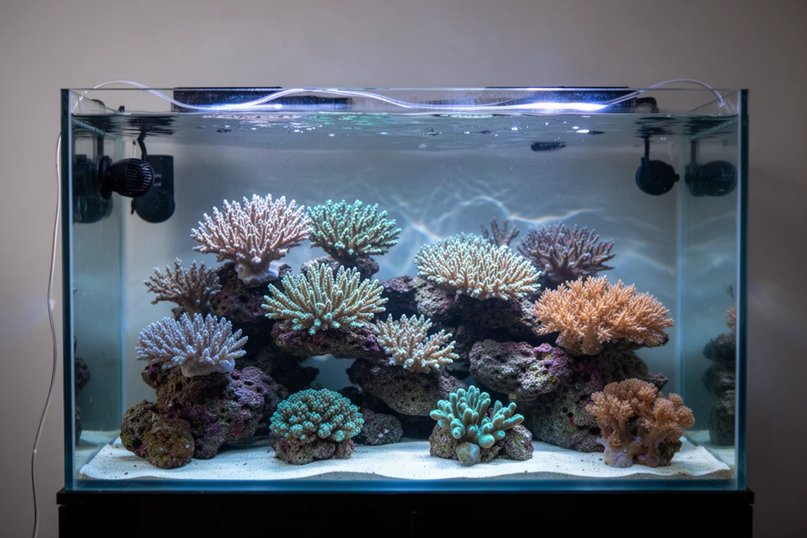 Volwassen rifaquarium met SPS-kolonies en zachte koralen onder blauw-witte verlichting