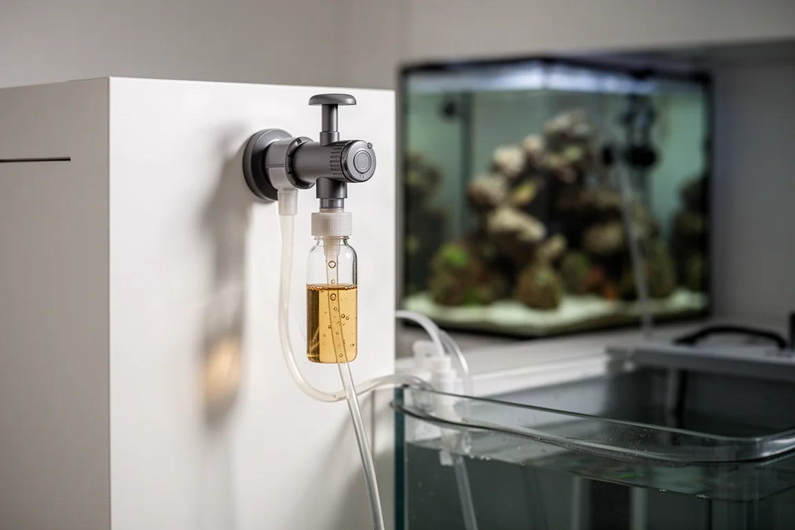 Kop van een doseerpomp die amberkleurige vloeistof door transparante slang naast een sump zuigt