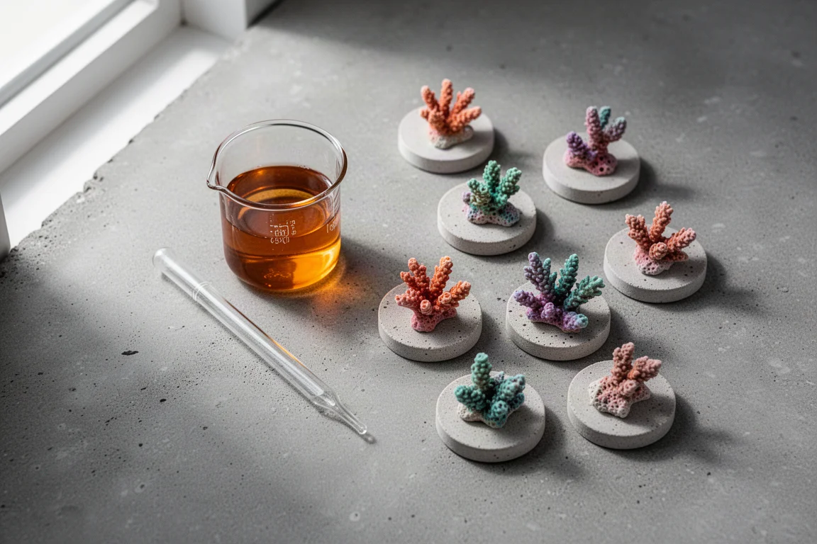 Flat lay van een beker amberkleurige vloeistof, een pipet en pluggen voor koraalfrags op beton