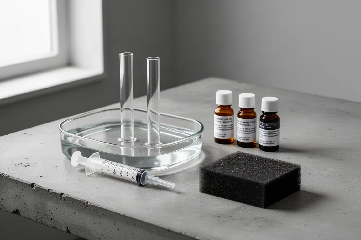 Akvarie-nitrattestkit med kyvetter, spruta, reagensflaskor och skumblock på en betongbänk