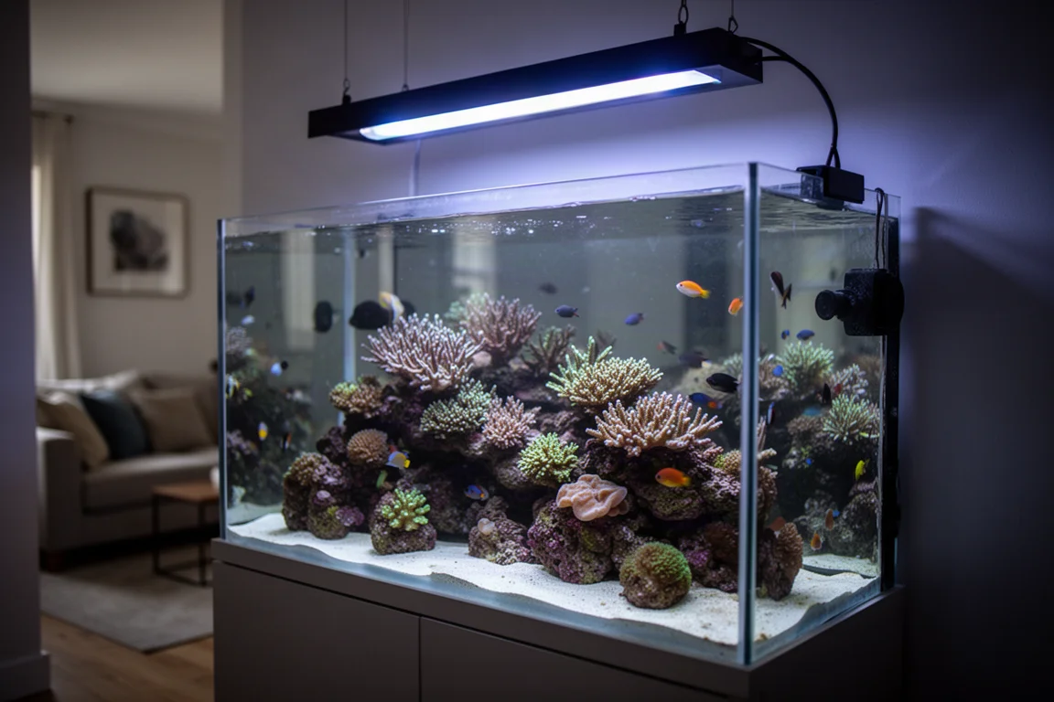 昏暗房间中,成熟礁岩水族箱在蓝白灯光下发光