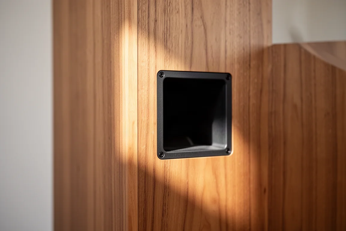 Närbild på en rektangulär bakre ventilöppning på en högtalarlåda med träfaner