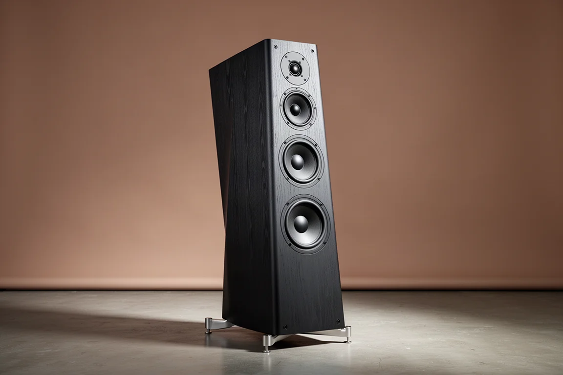 Tall three-way floorstanding speaker in dark wood veneer on a concrete floor against a grey backdrop