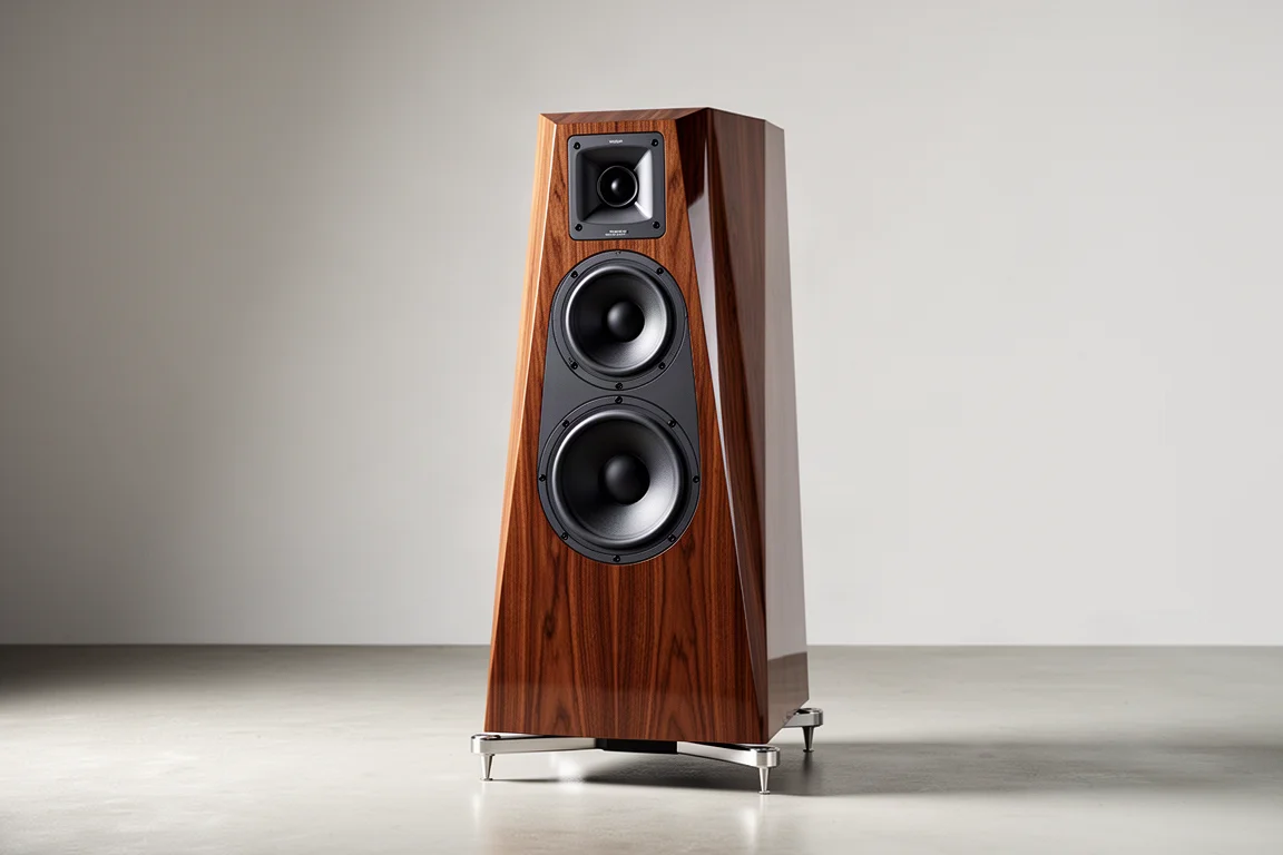 Tall angular high-gloss walnut horn loudspeaker with outrigger feet on a concrete floor