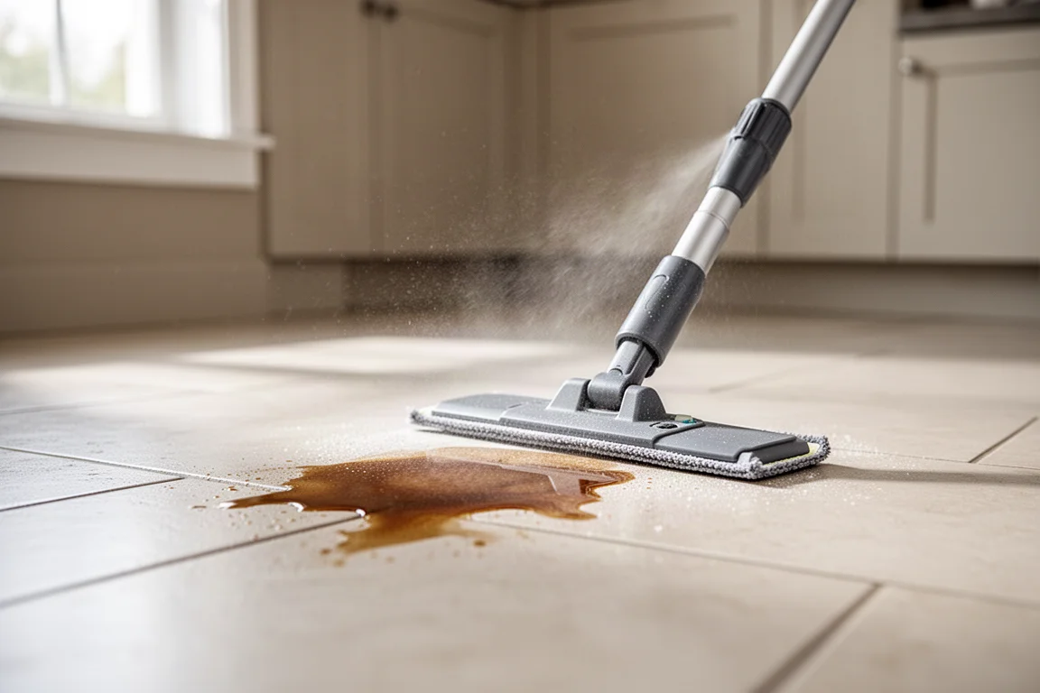 Spray mop cleaning a coffee spill on a kitchen tile floor