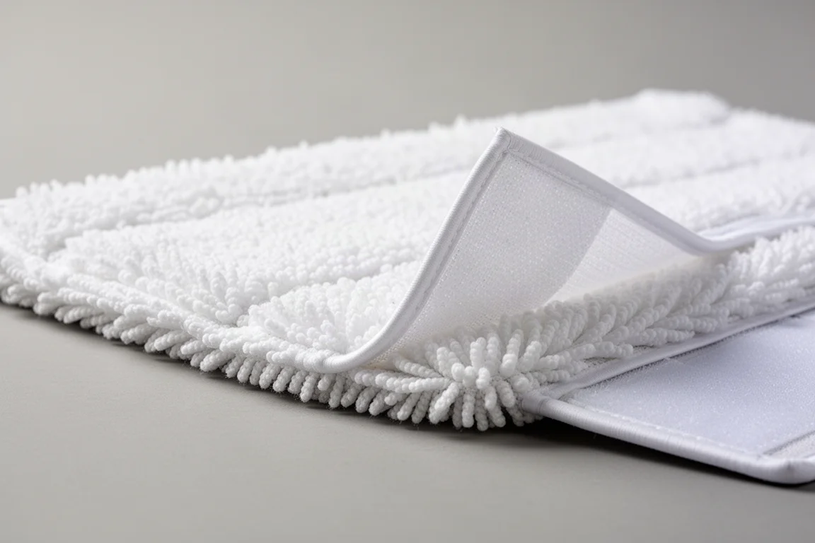 Close-up of a thick microfiber mop pad with dense fiber texture