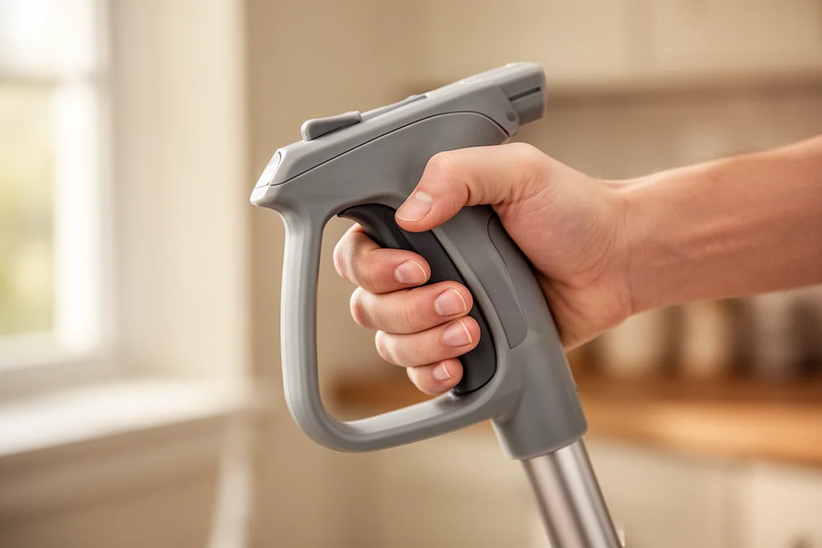 Hand gripping a generously sized mop trigger handle