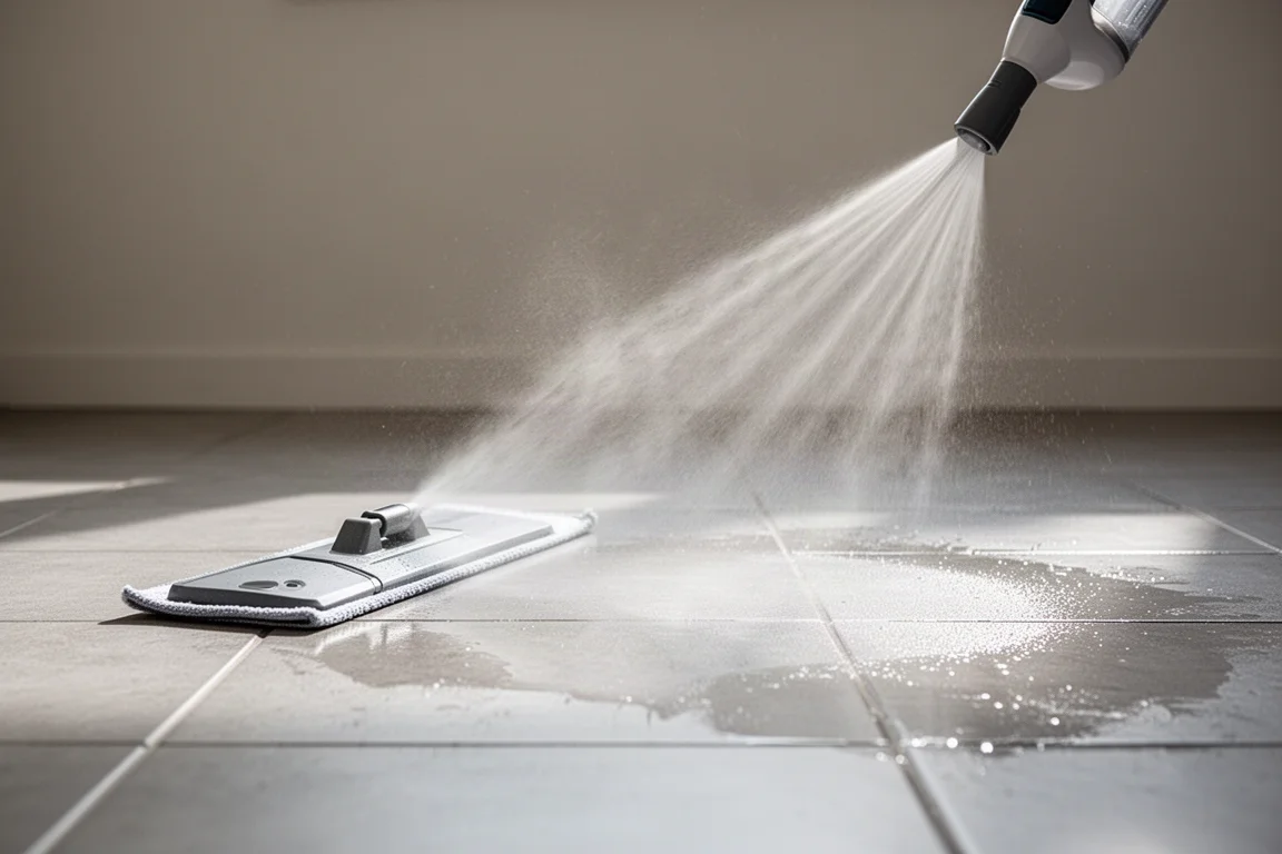 Fine wide mist spraying from a mop across a tiled floor