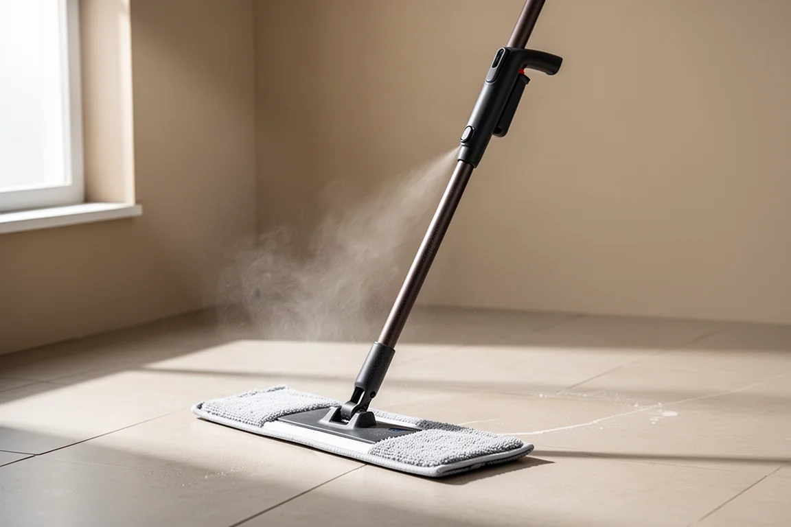 Flat spray mop with microfiber pad standing on a light tiled floor