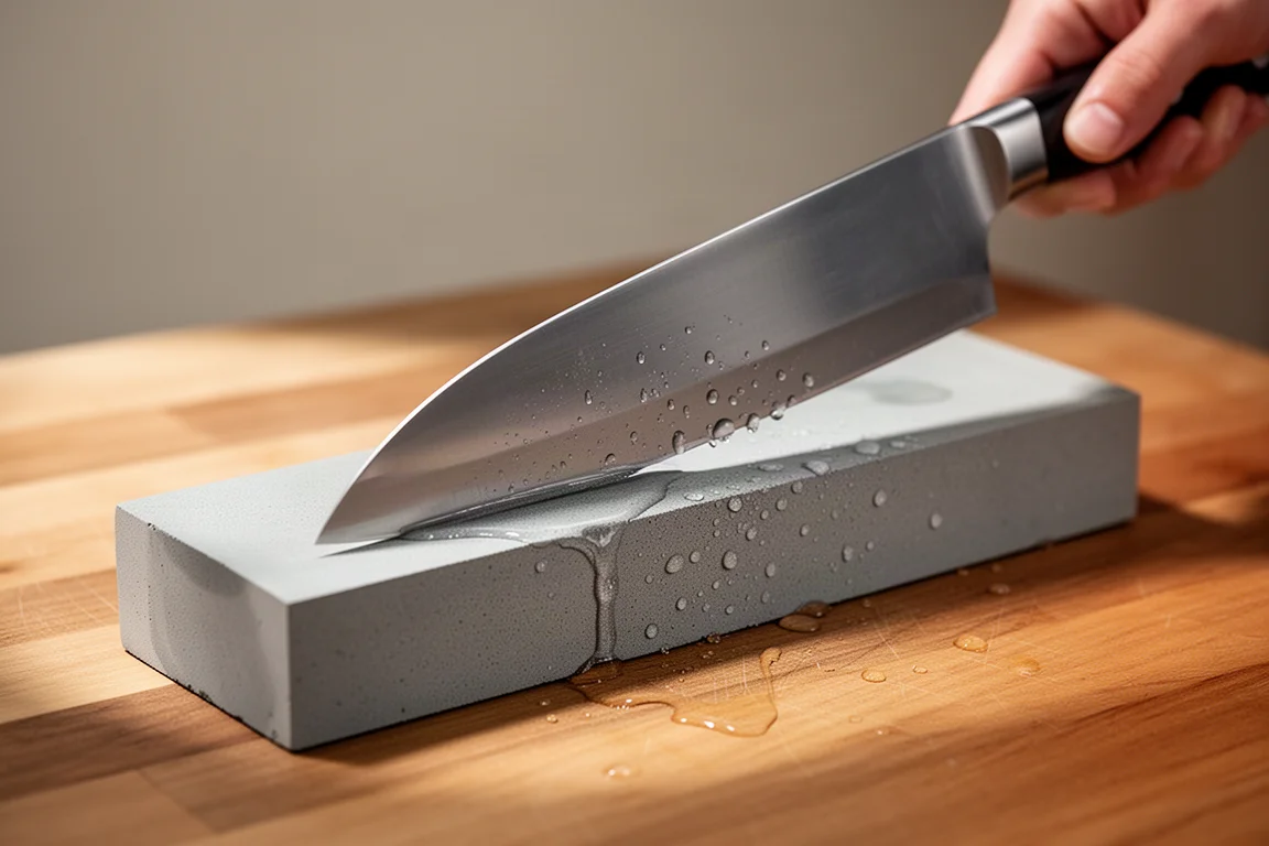 Coltello da cucina tenuto a un angolo di affilatura su una pietra