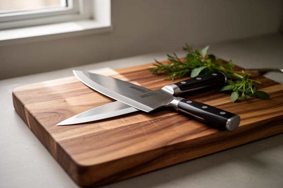 Coltello da cucina appena affilato appoggiato su un tagliere di legno