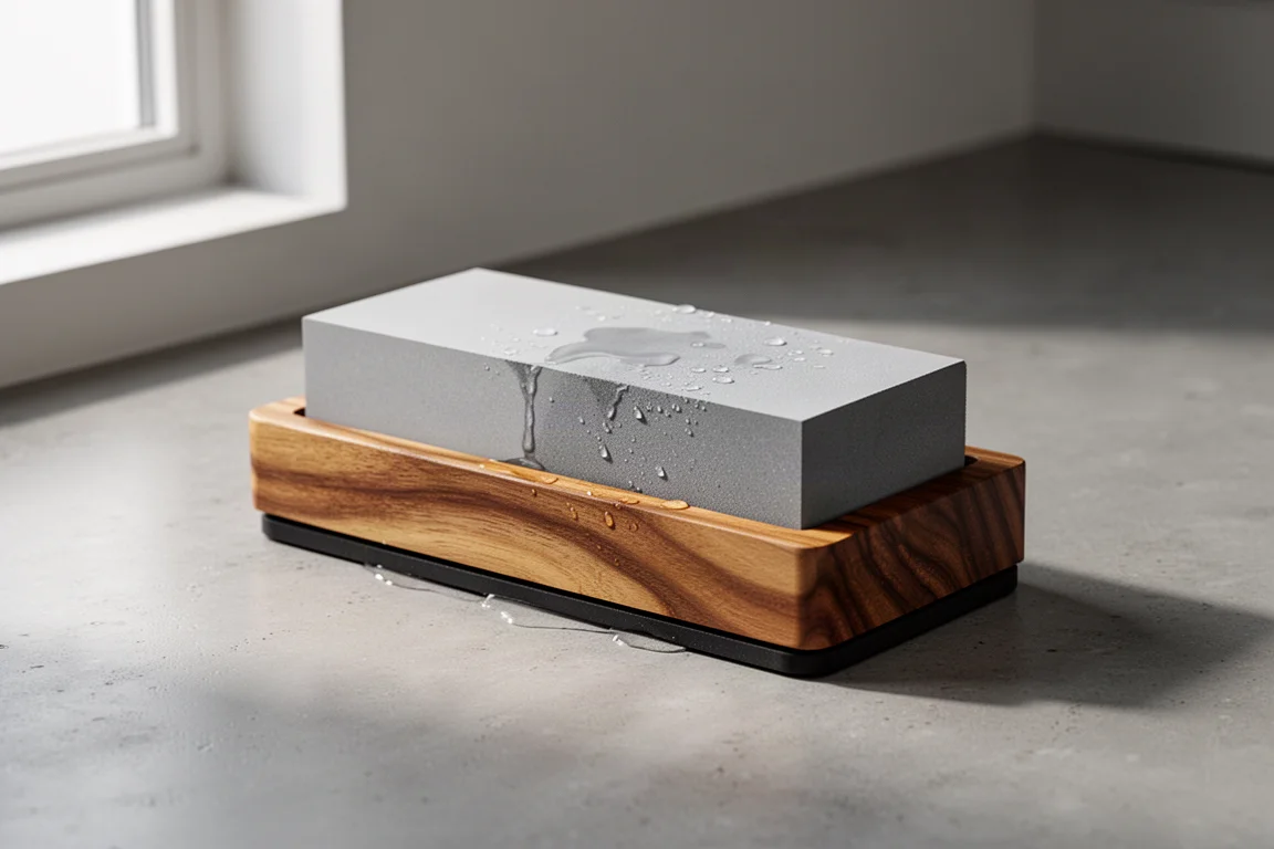 O Knife dual-sided whetstone in an acacia wood frame on a kitchen counter