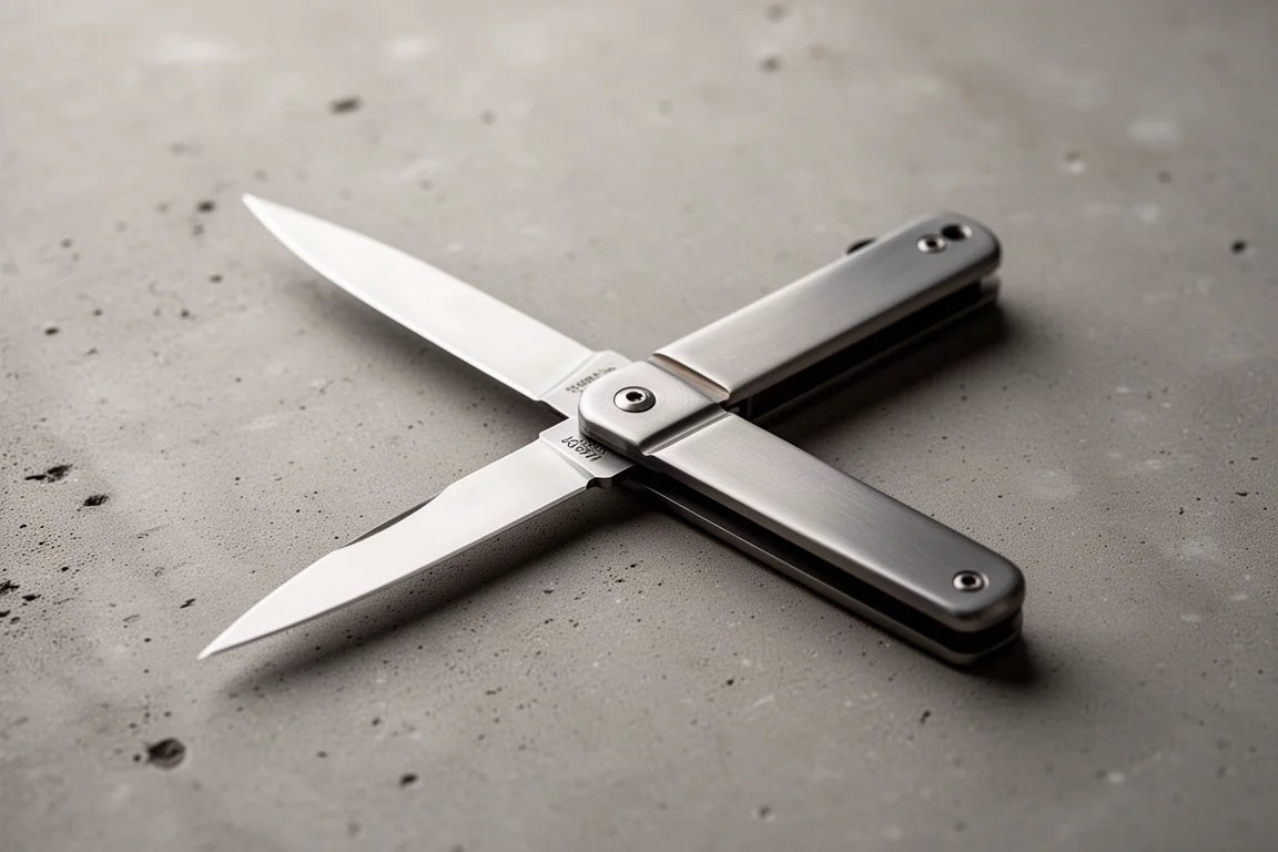 Couteau pliant fin aux manches en aluminium ouvert sur une surface en béton