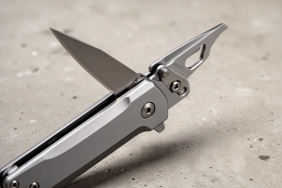 Gros plan sur une lame de couteau à demi ouverte avec un levier flipper visible