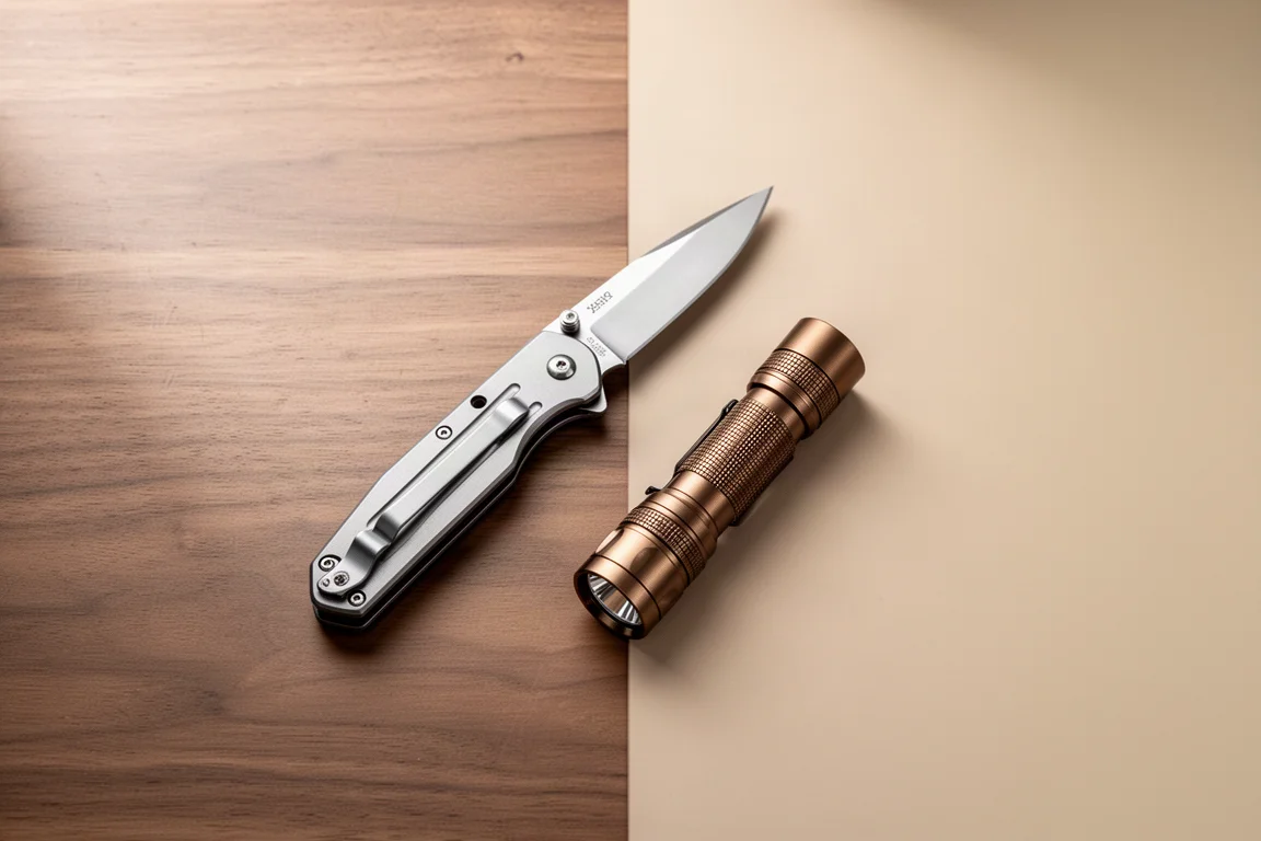 Vue de dessus d'un couteau EDC et d'une lampe torche sur un bureau en bois