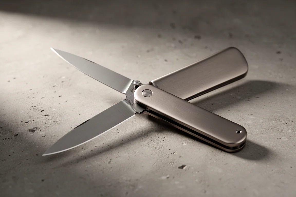 Slim folding knife with aluminum handles and hidden pivot lying open on concrete