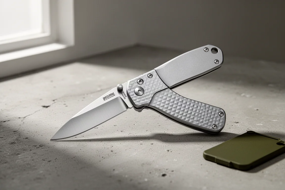 Folding knife with textured aluminum handle on a concrete surface
