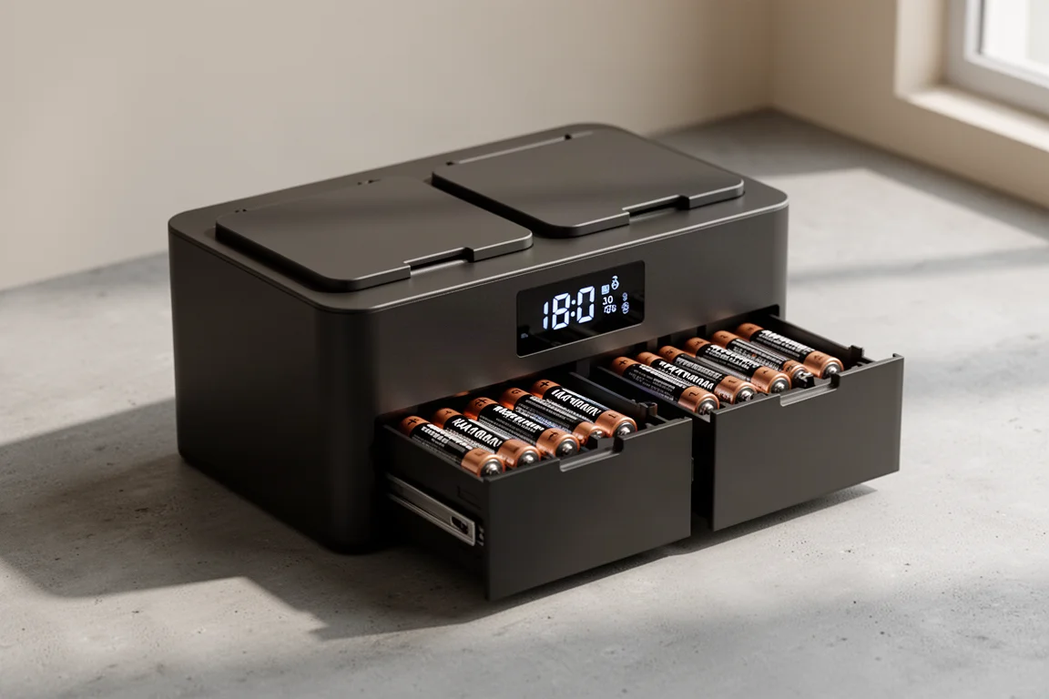 Battery charging dock with open drawers of AA and AAA batteries and an OLED display