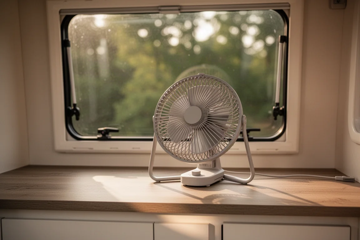 Portable fan resting on a wooden campervan countertop with daylight through a window