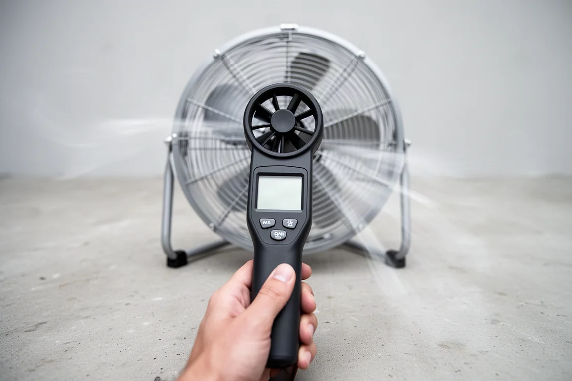 Handheld anemometer held in front of a running portable fan on a concrete surface