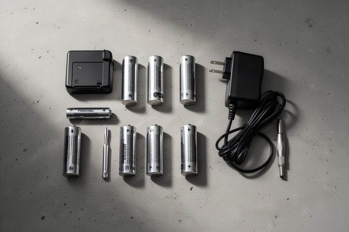 Overhead flat lay of six D-cell batteries, a black power adapter, and a screwdriver