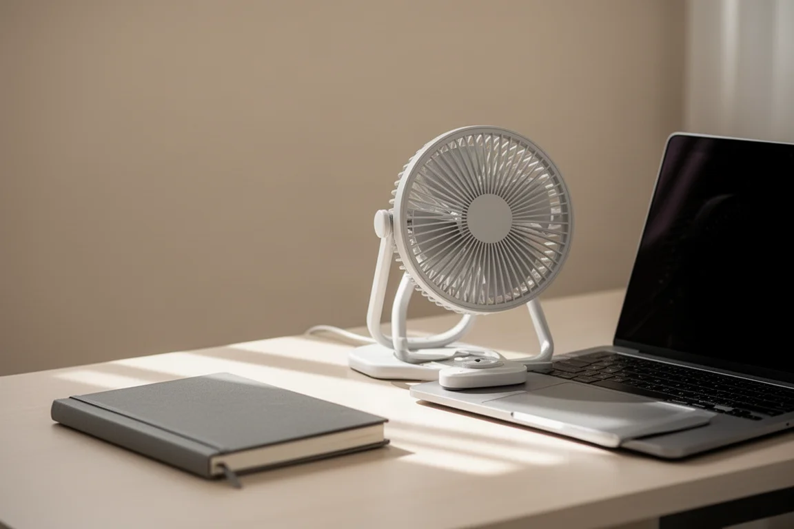 Portable fan on a tidy home office desk beside a notebook and closed laptop