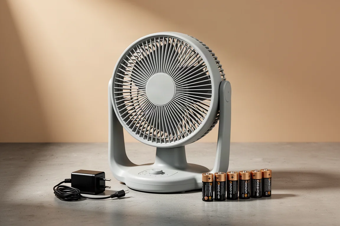 10-inch portable fan with power adapter and six D-cell batteries on a concrete surface