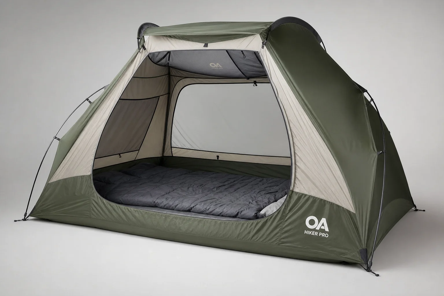 Nine hiking tents arranged on neutral backdrop showing variety in size and design