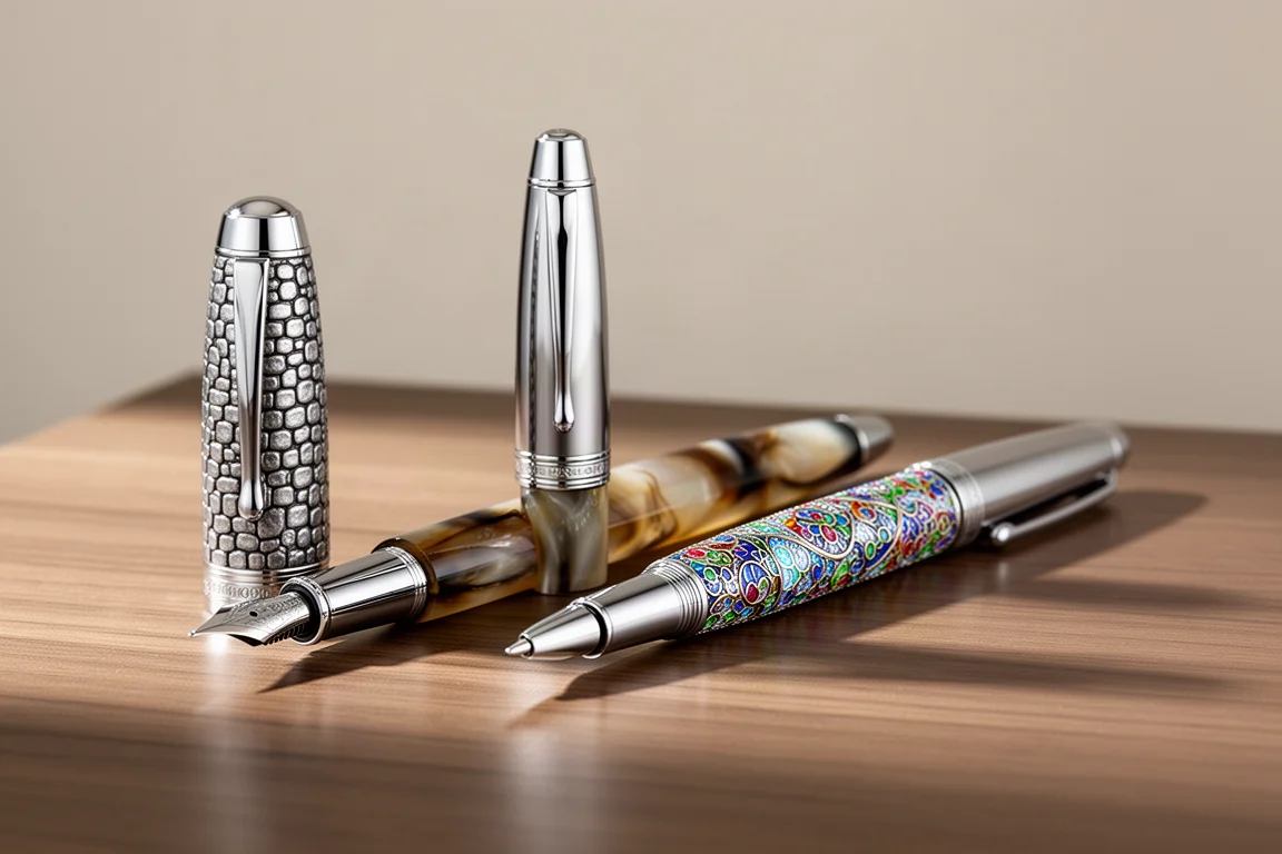 OAC Classic Emperor fountain pen and Mastaan rollerball pen side by side on a wooden desk