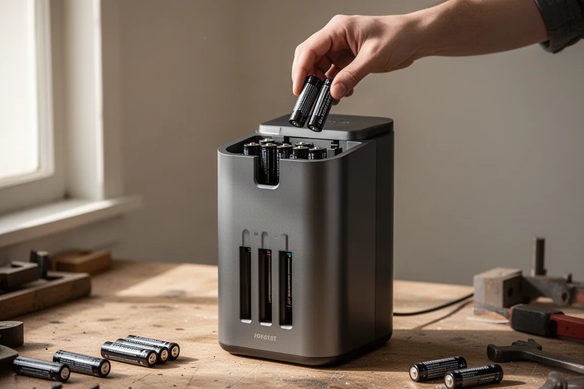 Rechargeable AA batteries being dropped into the top opening of an automatic battery charger