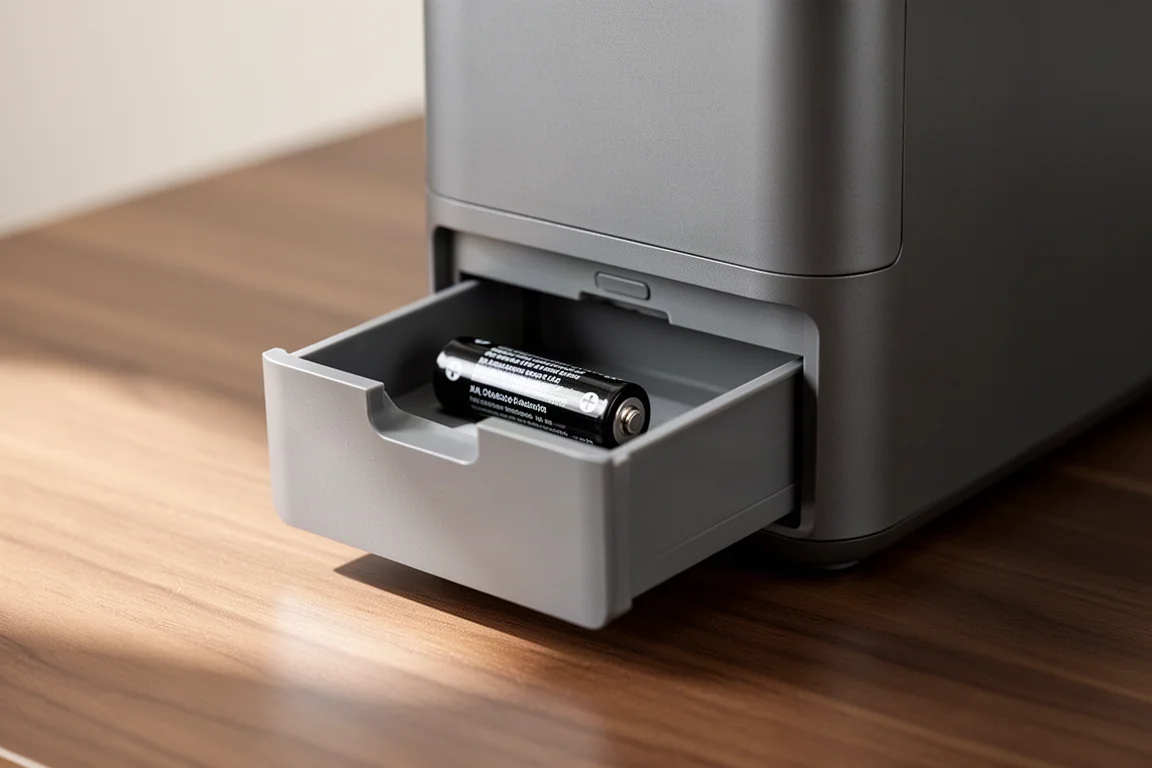 A small drawer open at the front of a battery charger holding a rejected battery
