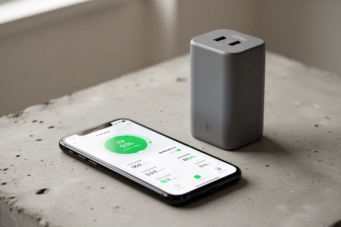 A smartphone showing battery charging statistics next to the charger unit