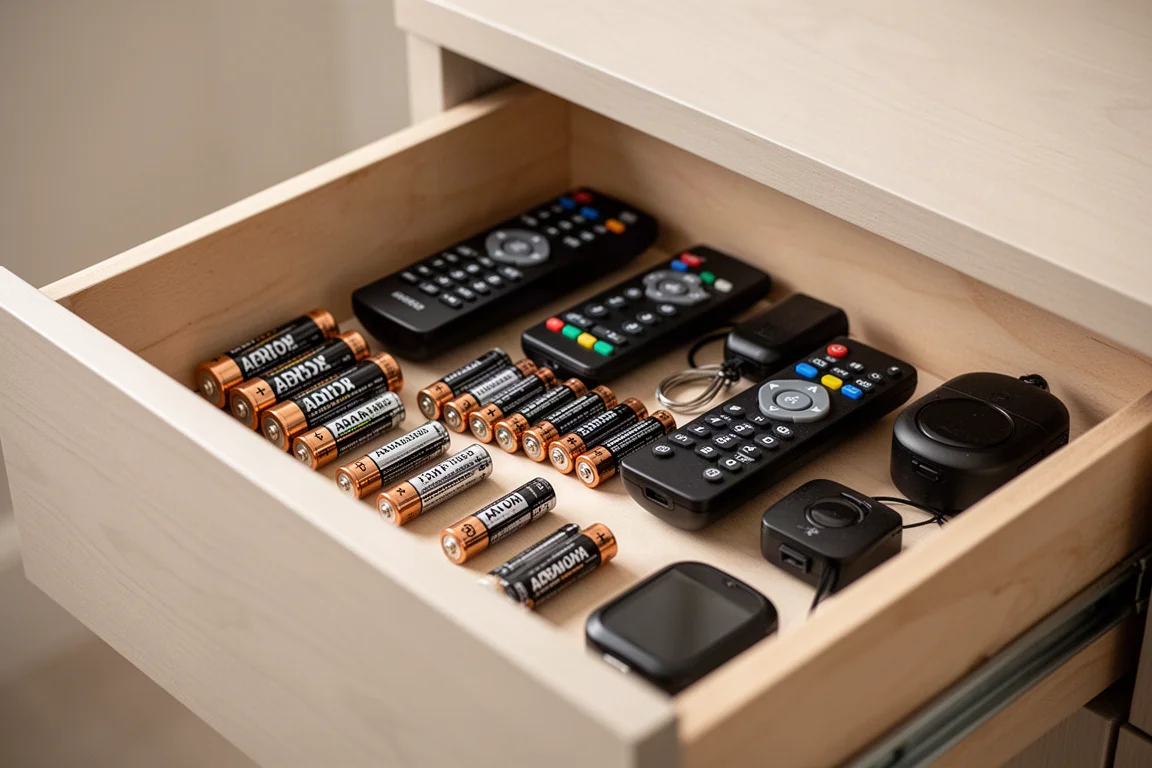 A cluttered drawer full of loose batteries and TV remotes in a family home