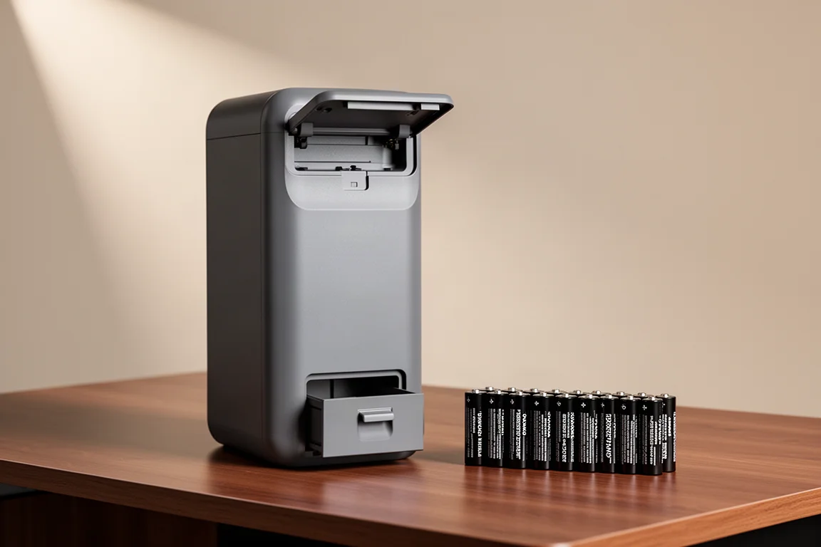 Oaite automatic battery charger standing on a desk next to a row of AA batteries
