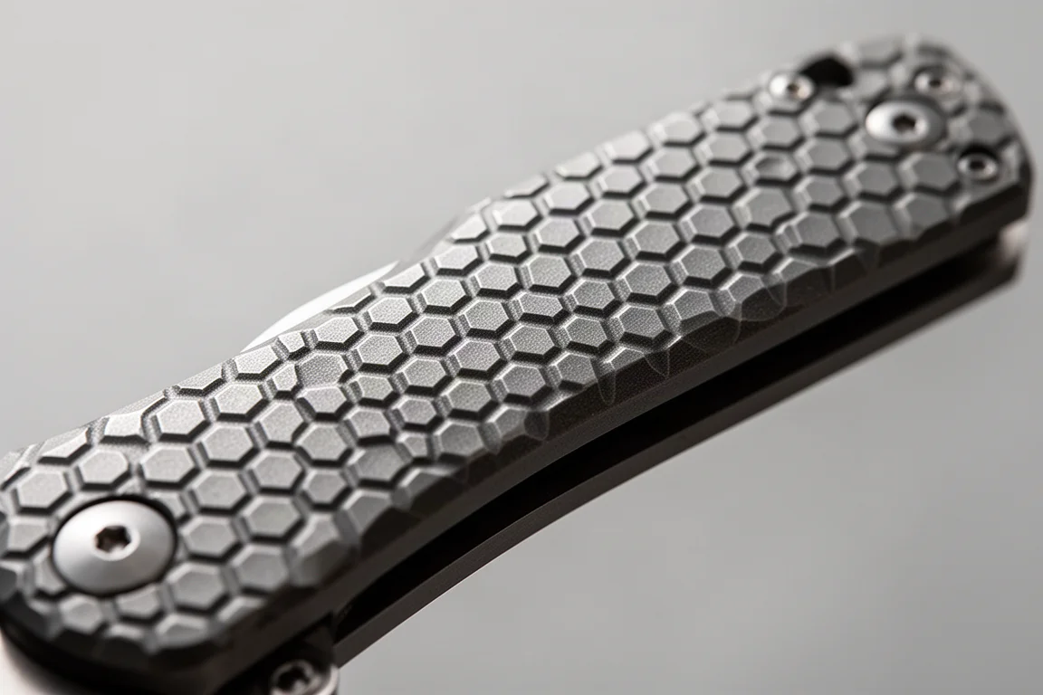Primo piano del manico di un coltello chiudibile con texture esagonale uniforme