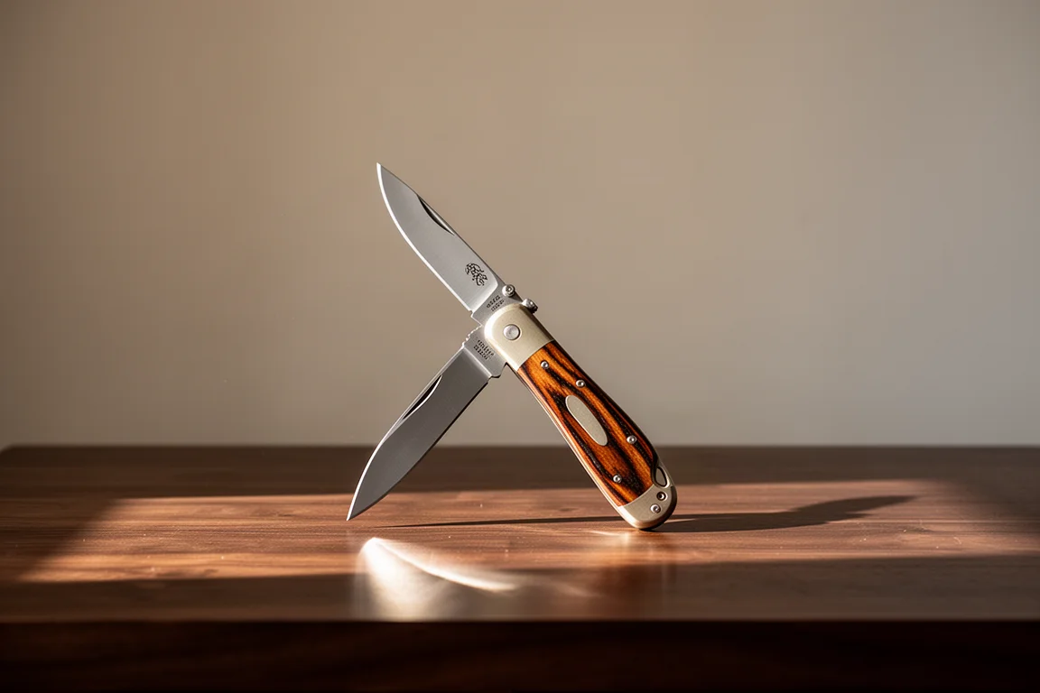 Coltello chiudibile aperto su una scrivania nella calda luce del pomeriggio