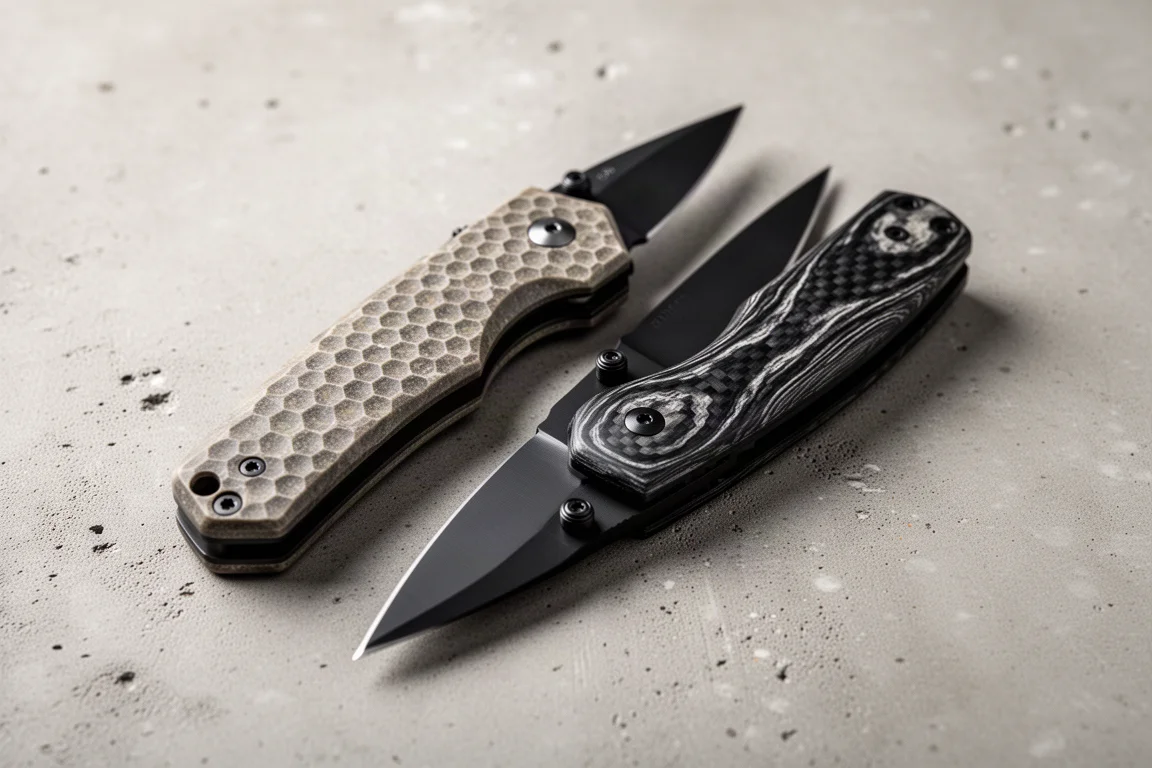 Two folding pocket knives side by side, one with hexagonal textured handle and one with black blade and marbled carbon fiber handle
