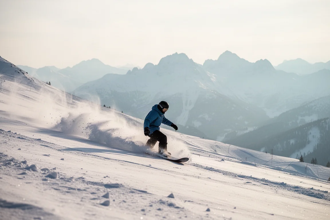 Snowboarder fährt bei weichem Morgenlicht durch frischen Pulverschnee