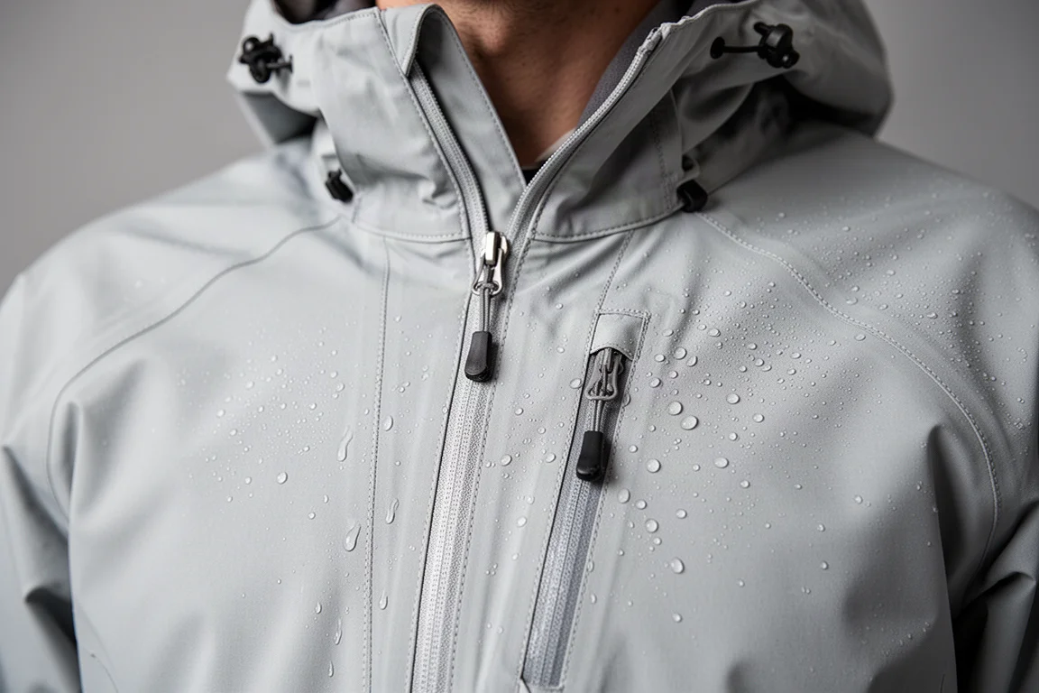 Nahaufnahme von verklebten Nähten und wasserdichtem Reißverschluss an einer Snow-Shell-Jacke