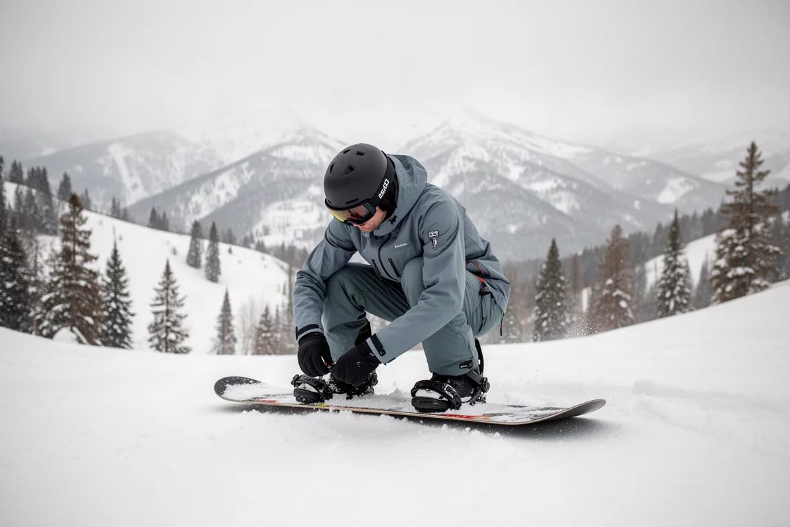 Snowboarder im Backcountry bei der Einstellung seiner Boots