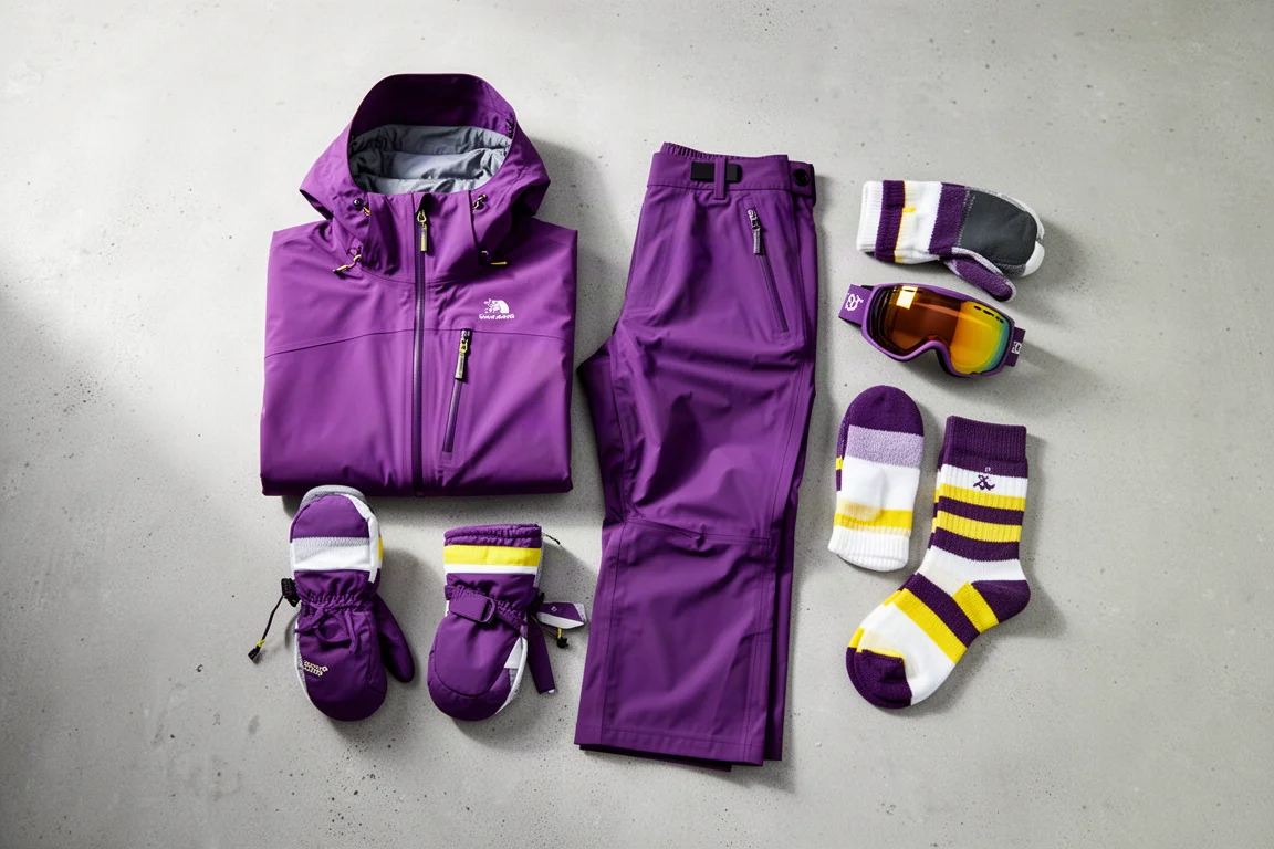 Flach abgelegte Snowboard-Kleidung und Accessoires in abgestimmten Farben