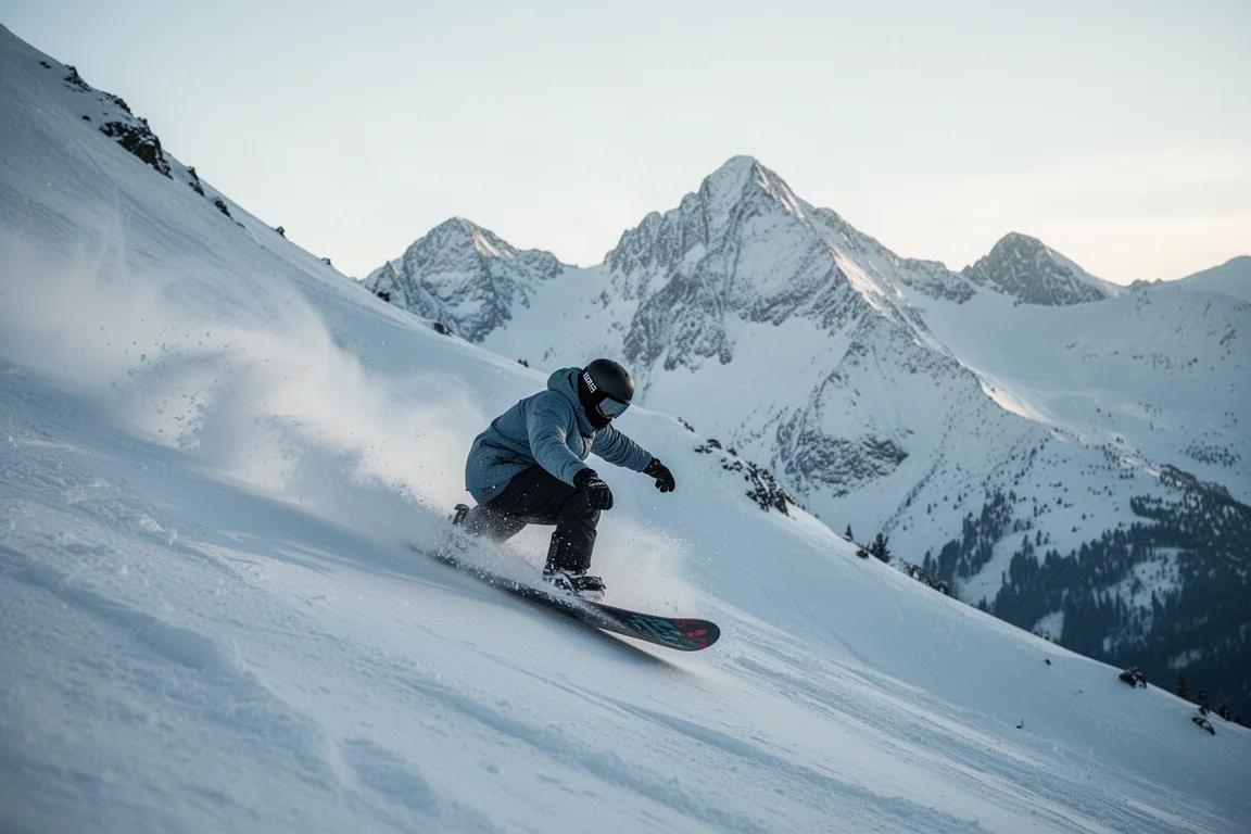 Snowboarder carvt snel een technische alpine helling af op een heldere dag