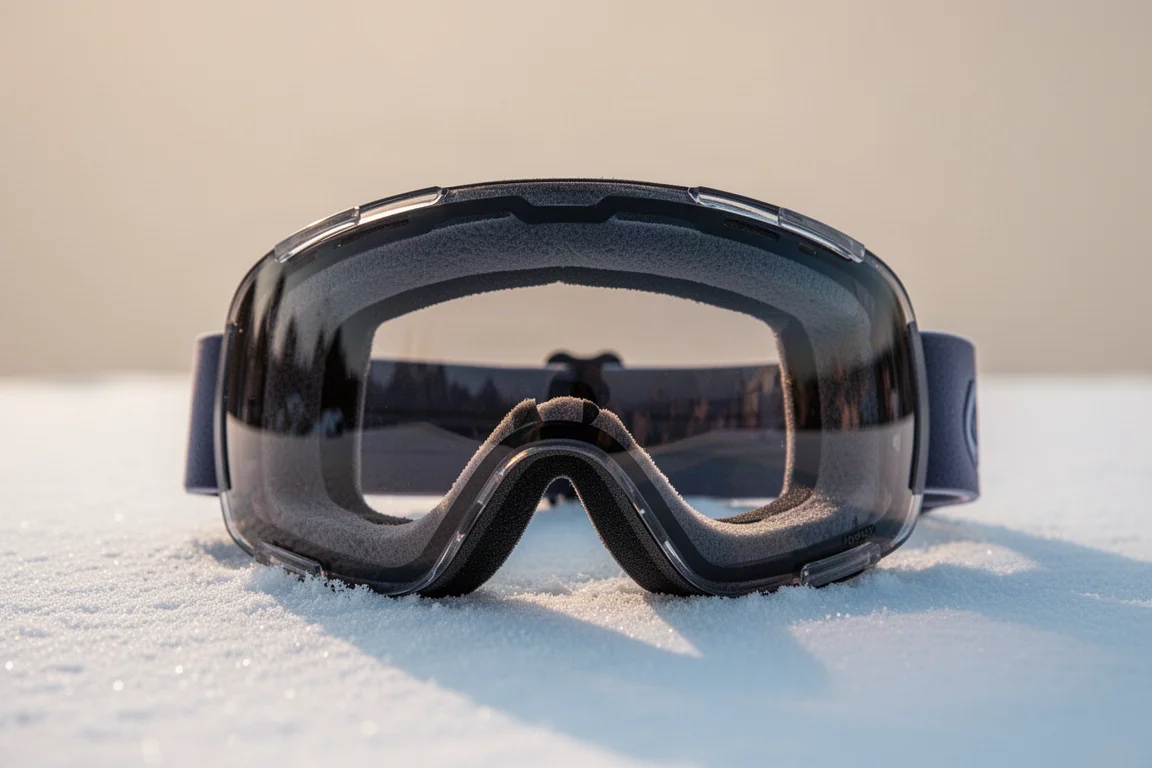 Semi-rimless bril ligt op de sneeuw met zacht licht dat het schuim in het gezicht toont