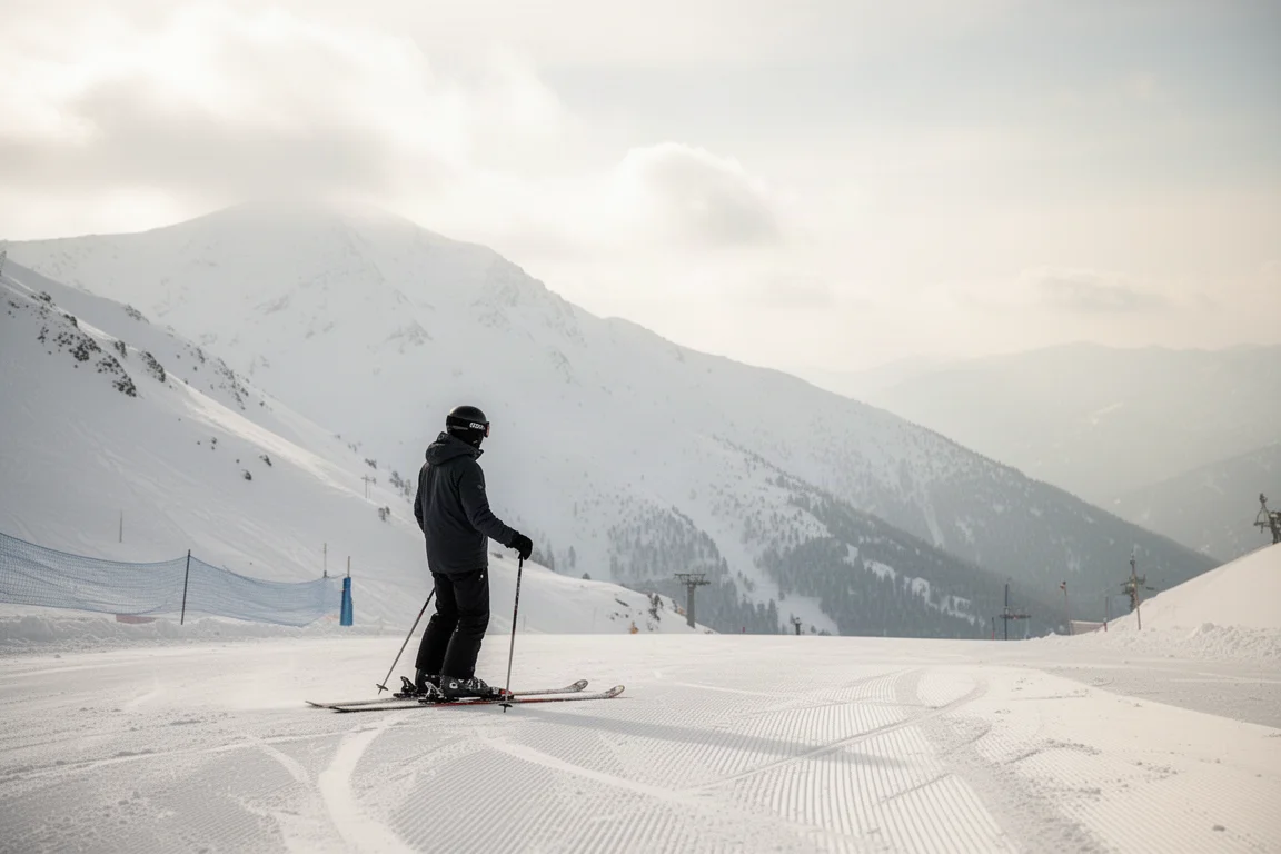 Skier scanning a wide mountain slope in bright daylight