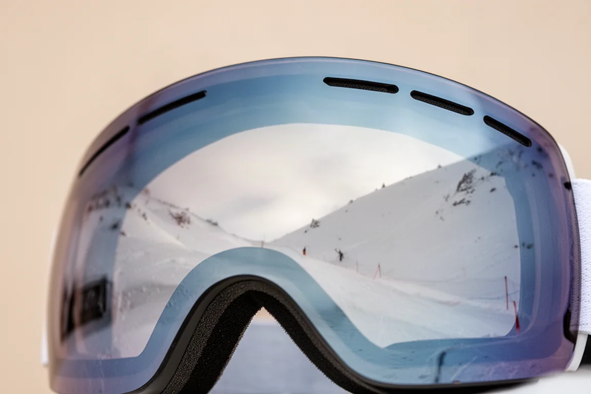 Close-up of a curved toric goggle lens reflecting snow and sky