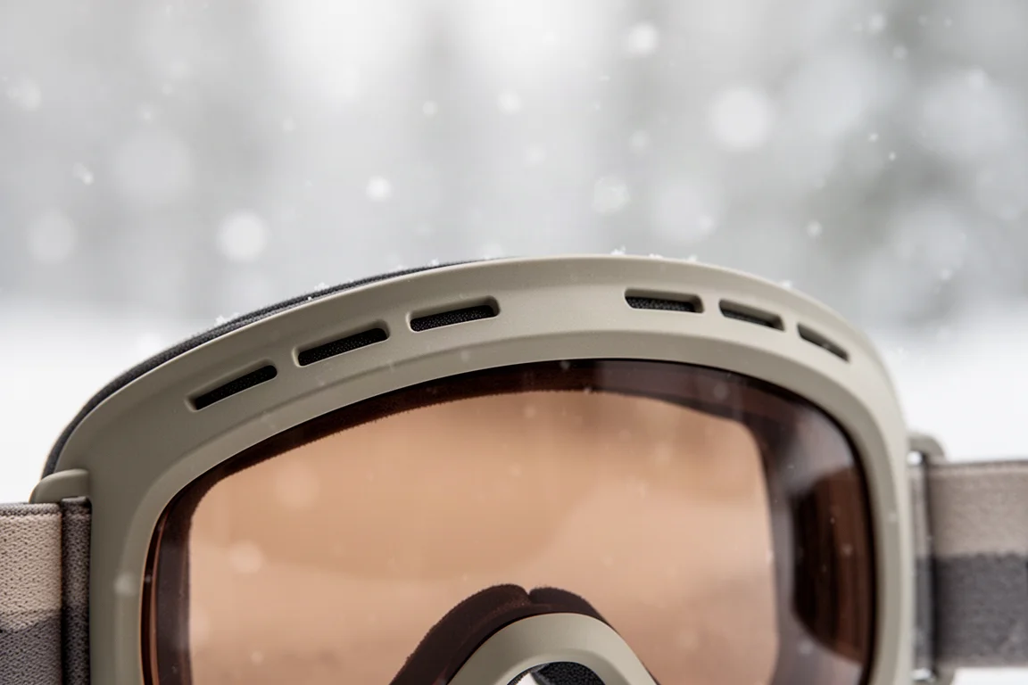 Air vents along the top edge of a snow goggle frame