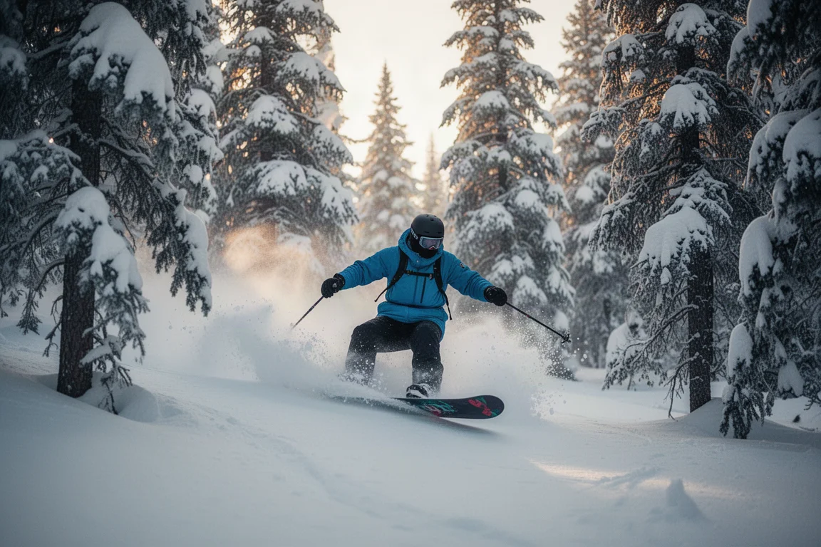 Snowboarder riding through tree glades in soft afternoon light