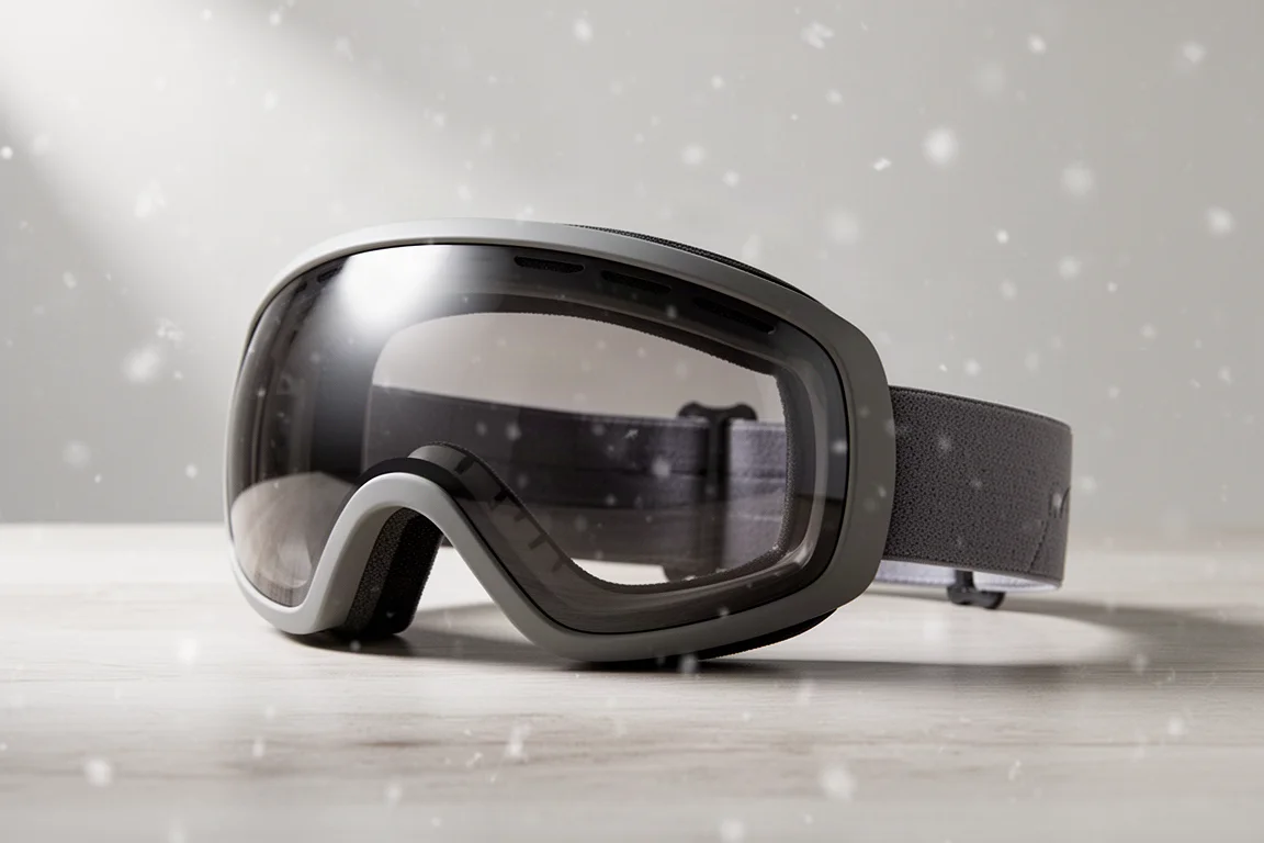Oakley Flight Tracker Snow-Goggle mit torischem Glas auf einer Holzoberfläche
