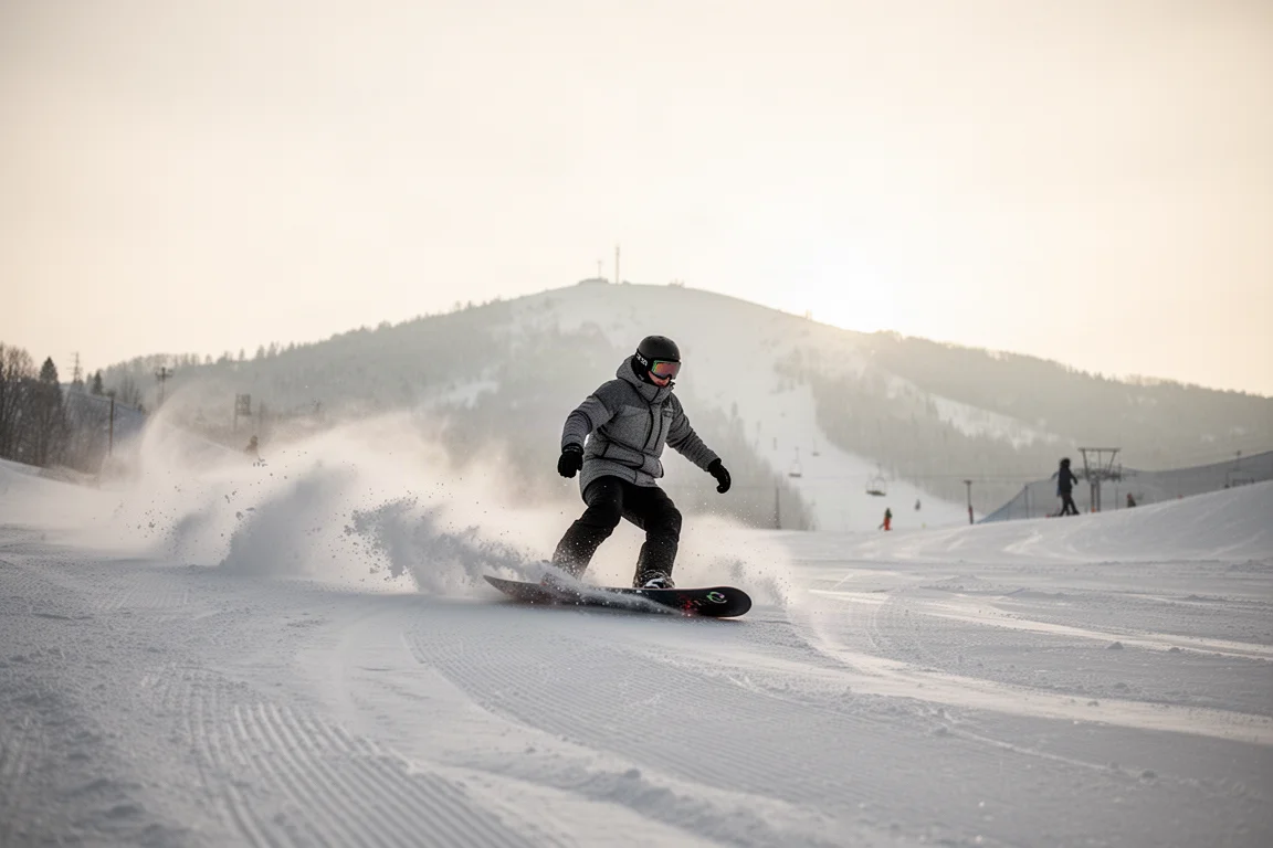 Snowboarder die carveert op een geprepareerde piste in zacht daglicht